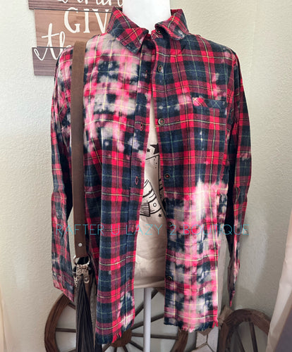 Bleached Red Plaid Button Up Top
