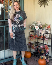 Black Acid Wash Tshirt Dress w/ Aztec Embroidery