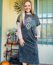 Black Acid Wash Tshirt Dress w/ Aztec Embroidery