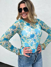 Blue Floral Mesh Top