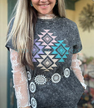 Black Acid Wash Tshirt Dress w/ Aztec Embroidery