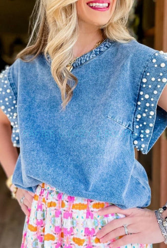 Denim Blue Pearl Sleeve Top