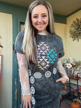 Black Acid Wash Tshirt Dress w/ Aztec Embroidery