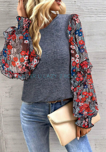 Floral Sleeve Slate Grey Top