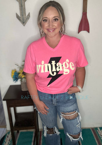 Vintage Neon Pink Vneck Tee