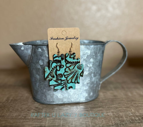 Turquoise Tooled Leather Earrings