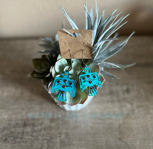 Blue & Brown Rhinestone Thunderbird Metal Earrings