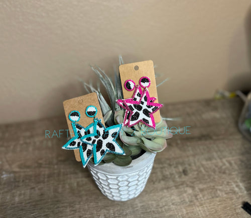 Cowprint Seed Bead Star Earrings