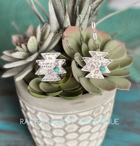 Stamped Aztec Paperclip Chain Necklace w/ Turquoise Stone