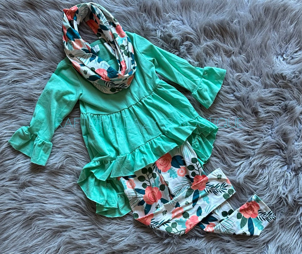 GIRLS Teal Ruffle Top w/ Floral Pants and Scarf