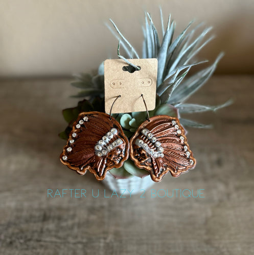 Bronze Leather Painted Clear Rhinestone Chief Earrings