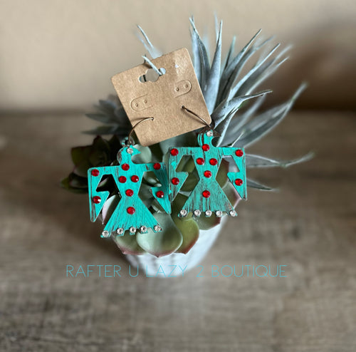 Large Turquoise & Red Rhinestone Thunderbird Metal Earrings