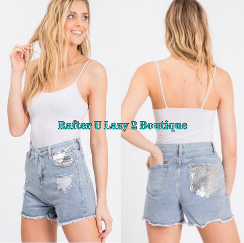 Denim Shorts w/ Silver Sequin Pockets