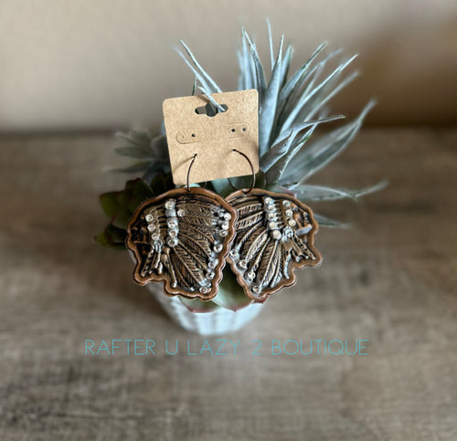 Brown Leather Painted Clear Rhinestone Chief Earrings
