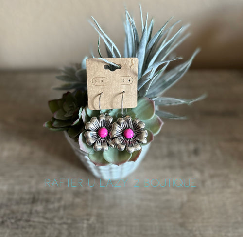 Metal Flower Hoop Earrings- Pink