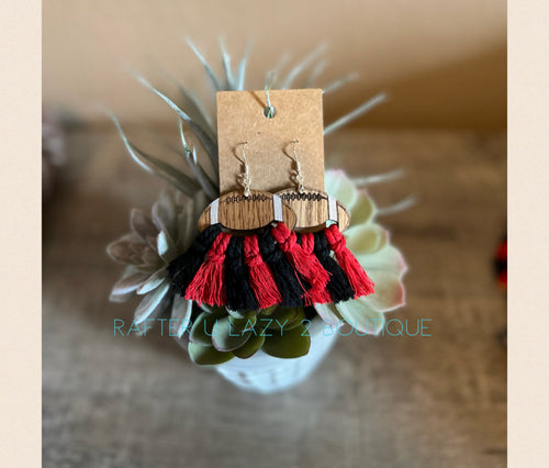 Wood Football Tassel Earrings - Red & Black