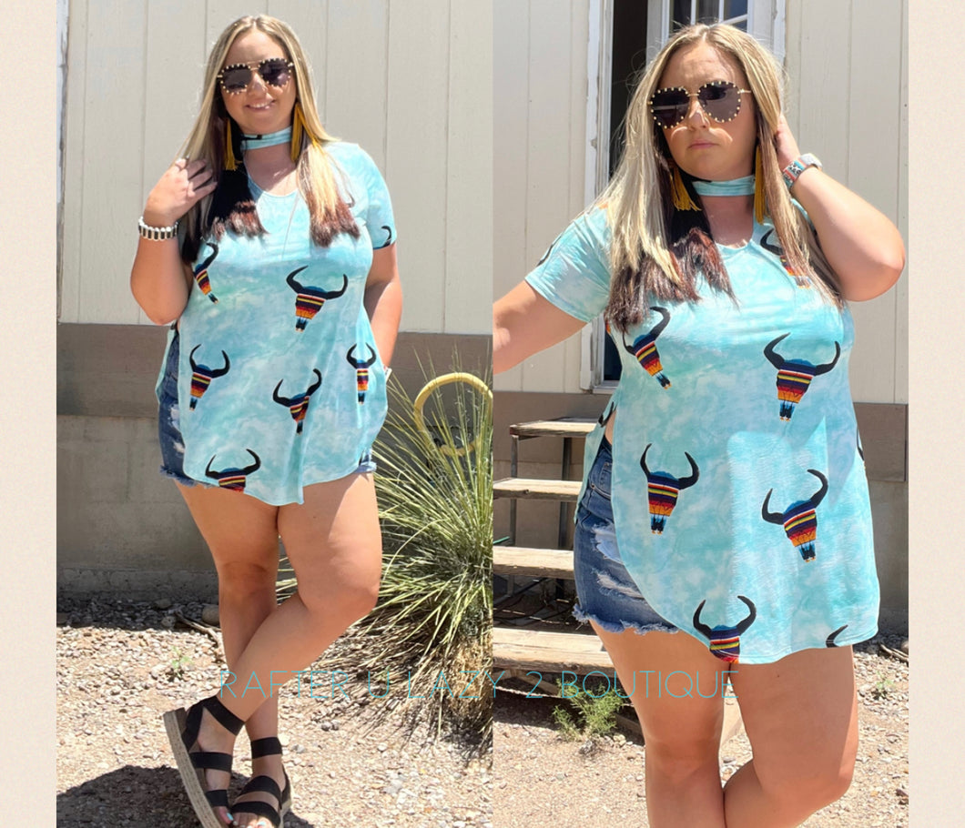 Sky Blue Keyhole Serape Bull Skull Top