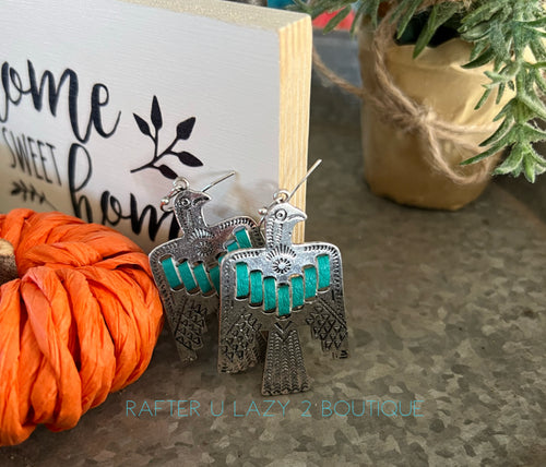 Turquoise Leather Laced Thunderbird Earrings